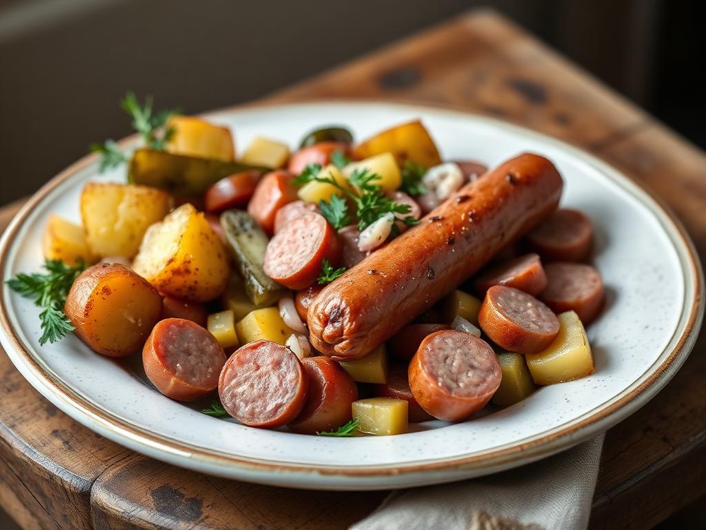 Wurstsalat mit Bratkartoffeln